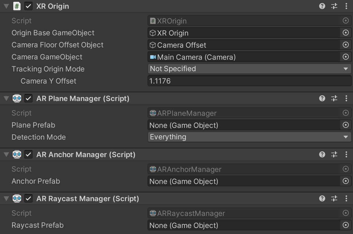 XR Origin GameObject with various managers