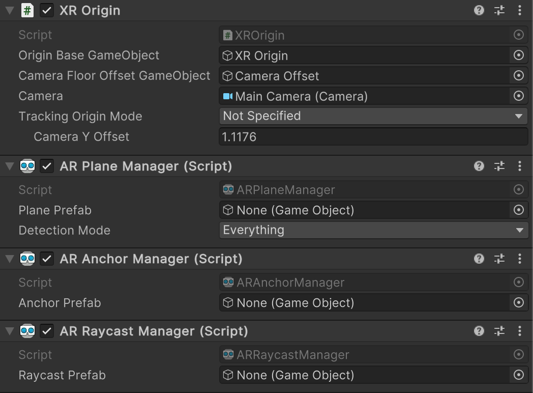 XR Origin GameObject with various managers