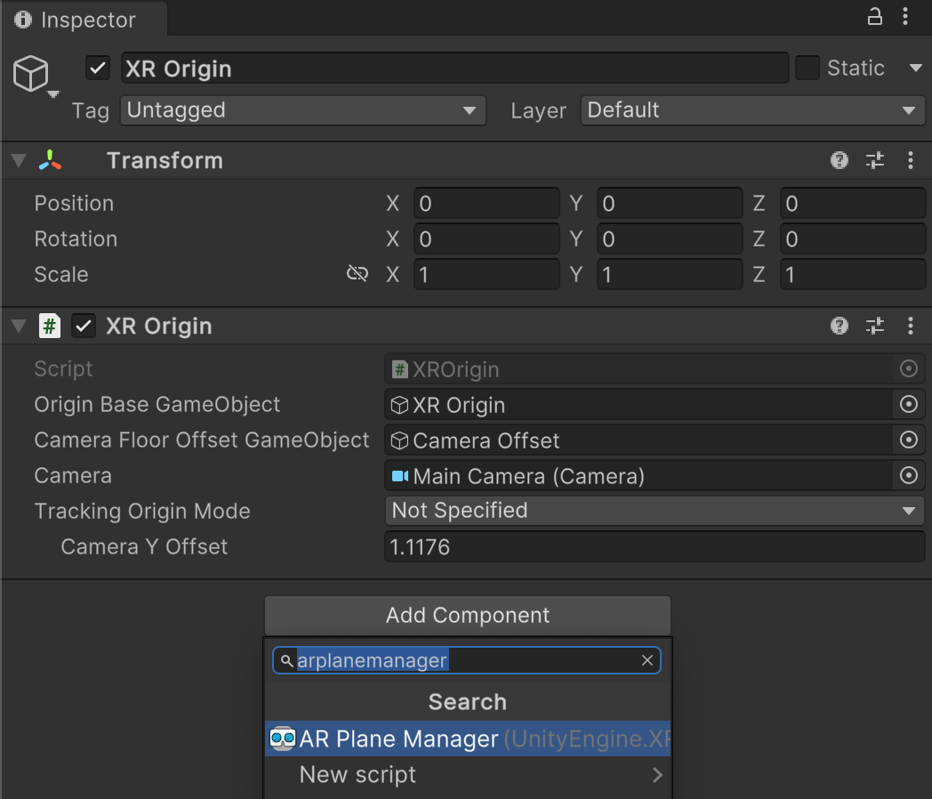 Adding an AR Plane Manager component