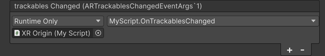 ARPlaneManager's trackablesChanged event is shown in the Inspector with a subscribed MonoBehavior
