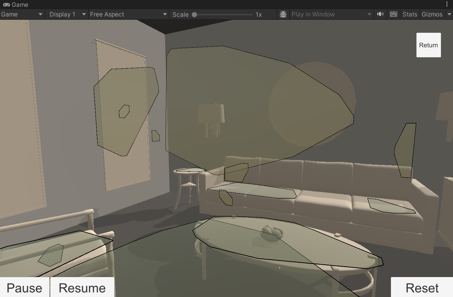 The Game view shows a living room scene where the Simple AR sample scene is running via XR Simulation. Some planes have been detected in the living room environment and are visualized onscreen.