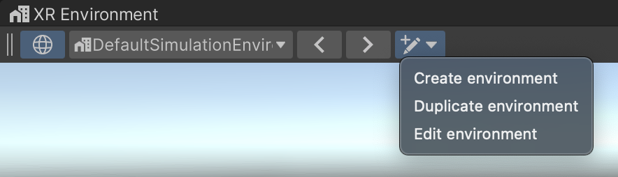 The create/edit environment dropdown, located on the far right of the XR Environment overlay, shows three options: Create environment, Duplicate environment, and Edit environment