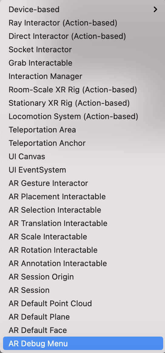 Select XR > AR Debug Menu