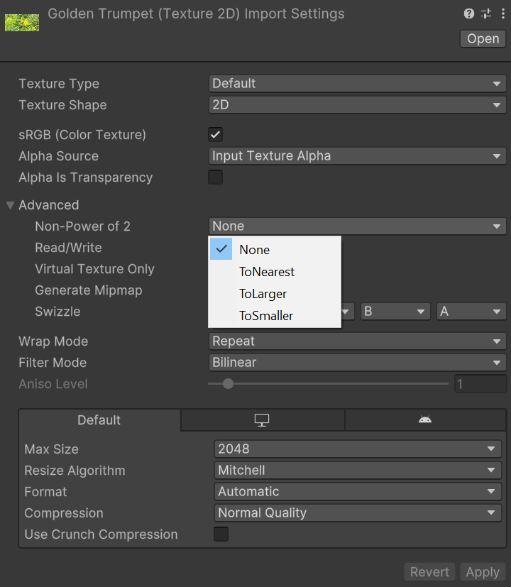 Non-Power of Two Reference Image Settings