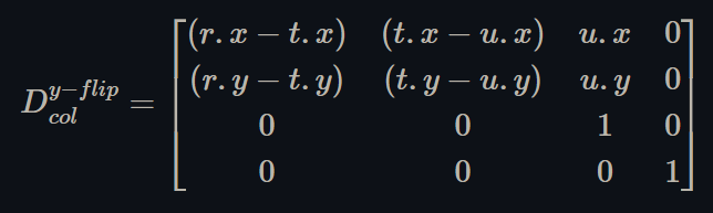 Figure 10. The definition of the 4 by 4, column major display matrix named "D col y-flip" that was mentioned in Figure 9. Column one entries are "r dot x" minus "t dot x", "r dot y" minus "t dot y", 0, 0. Column two entries are "t dot x" minus "u dot x", "t dot y" minus "u dot y", 0, 0. Column three entries are "u dot x", "u dot y", 1, 0. Column four entries are 0, 0, 0, 1.