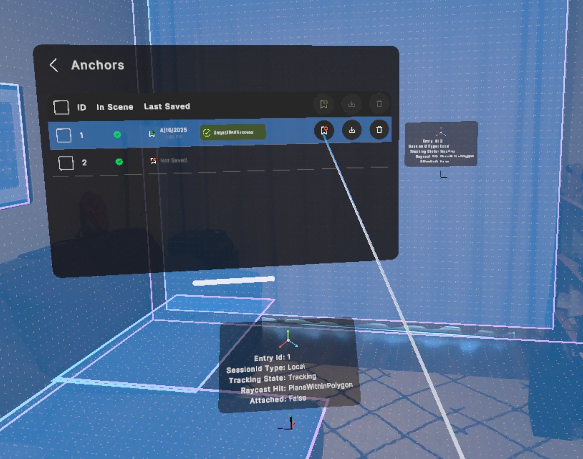 A screenshot from a Meta Quest 3 device shows a room with two anchors placed. One anchor has been saved, and a user interface shows buttons to erase that anchor or save the other one.
