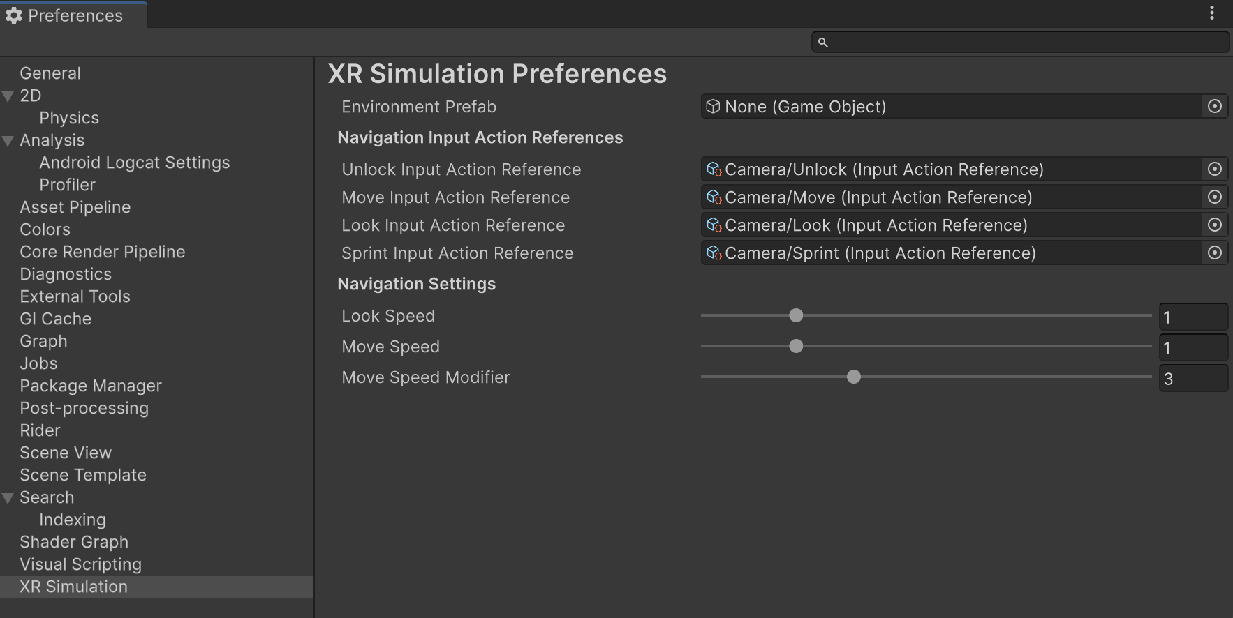 XR Simulation preferences.