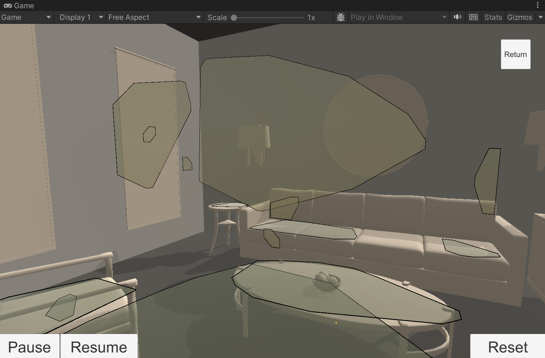 The Game view shows a living room scene where the Raycasts sample scene is running via XR Simulation. Some planes have been detected in the living room environment and are visualized onscreen.