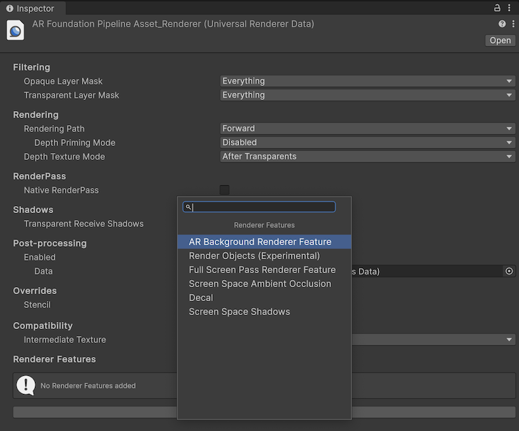 Adding an ARBackgroundRendererFeature Adding an ARBackgroundRendererFeature