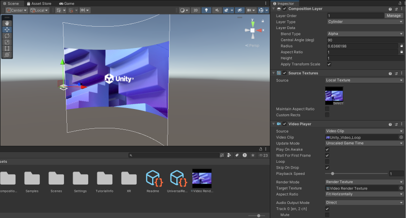 Video clip shown in the Scene view. The Inspector window displays composition layer settings configured to display a video clip.