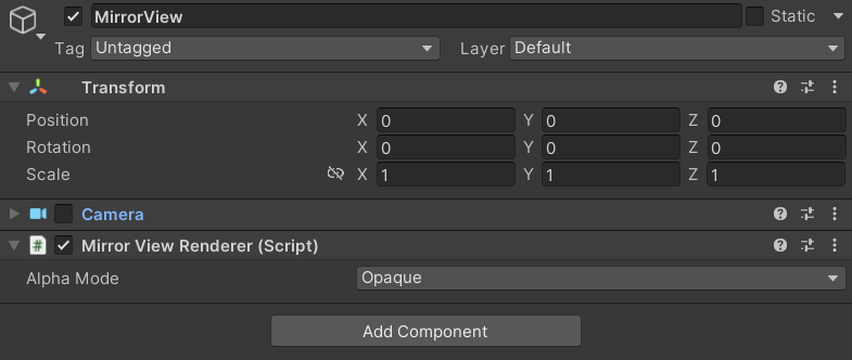 The Mirror View Renderer Component Inspector.