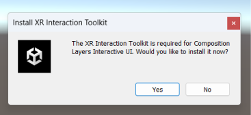 A UI dialog prompts you to install XR Interaction Toolkit, if not already installed.