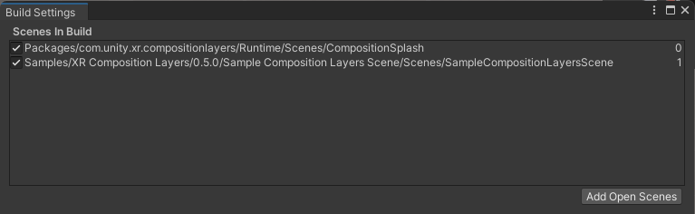 CompositionSplash scene in the Scenes in Build section of Build Settings.