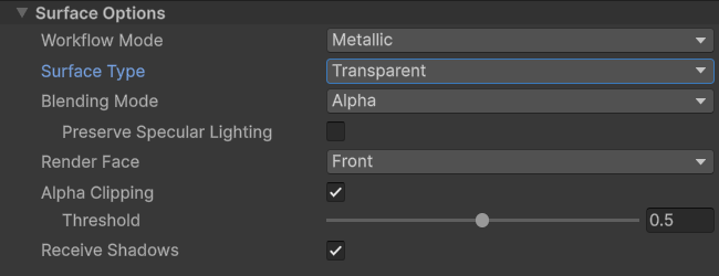 Surface Type Transparent Material Settings