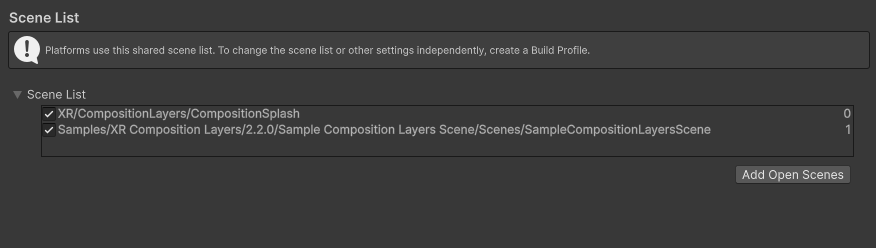 CompositionSplash scene in the Scenes in Build section of Build Settings.