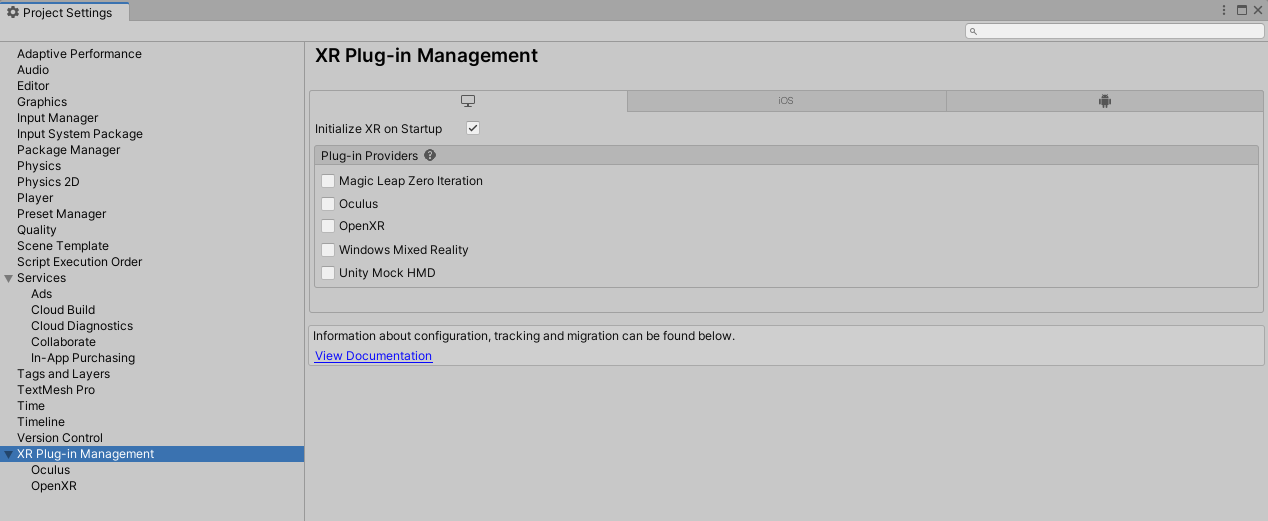 The XR Plug-in Management category of the Project Settings window displays an interface for downloading XR Hands provider plug-ins for supported platforms