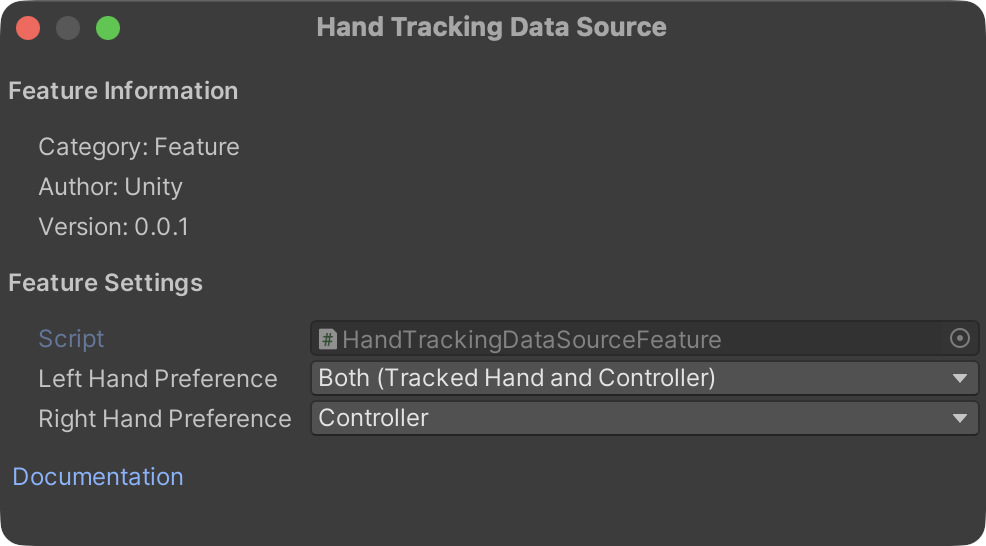 Hand Tracking Data Source feature settings