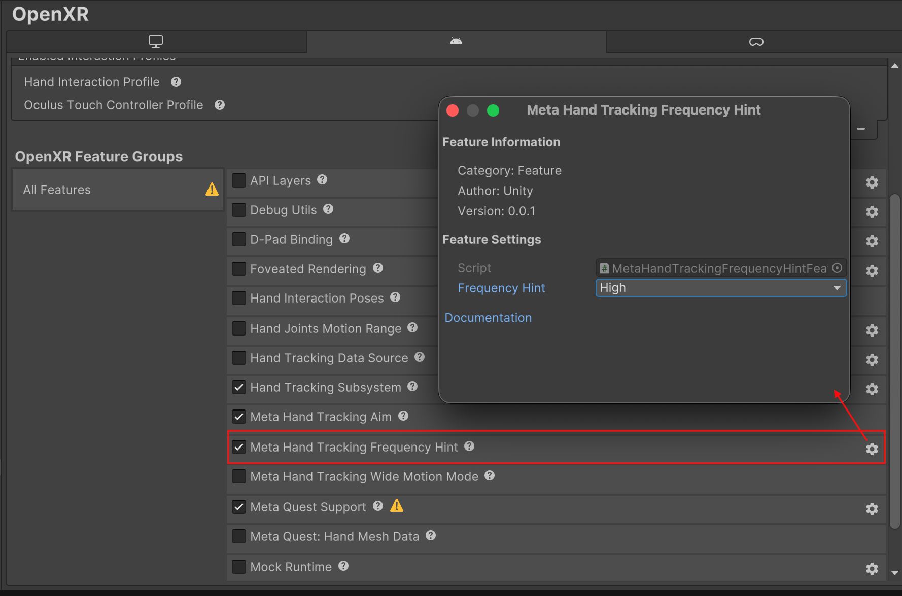 Meta Hand Tracking Frequency Hint settings