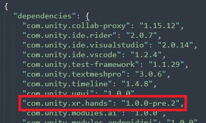A sample project manifest is shown in a text editor. The line containing "com.unity.xr.xr.hands" is called out.