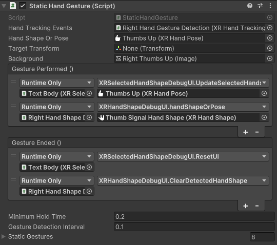 Inspector for the Static Hand Gesture component