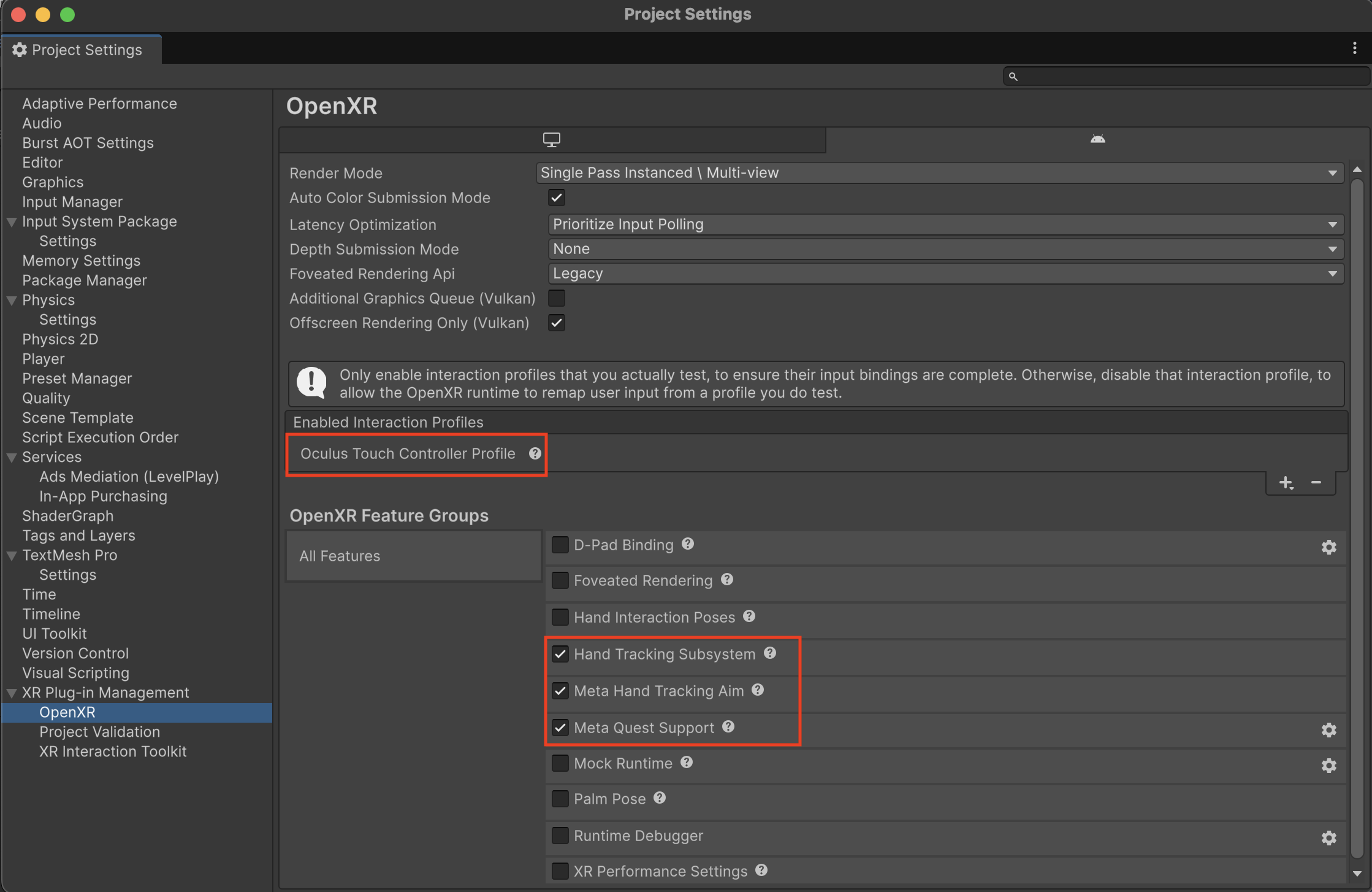 Project Settings - OpenXR settings