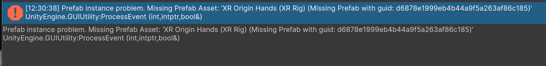 Screenshot of missing prefabs error message