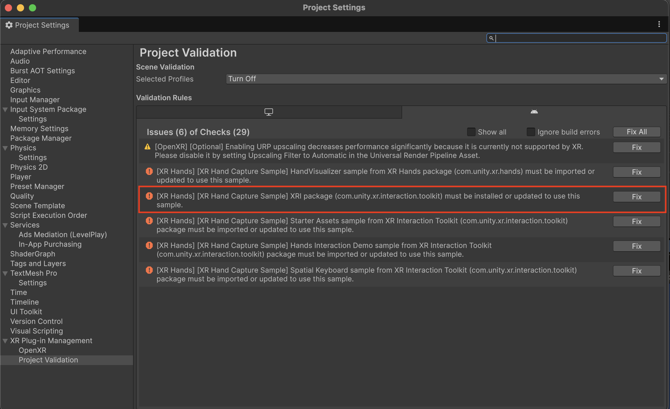 Project Validation XRI missing error
