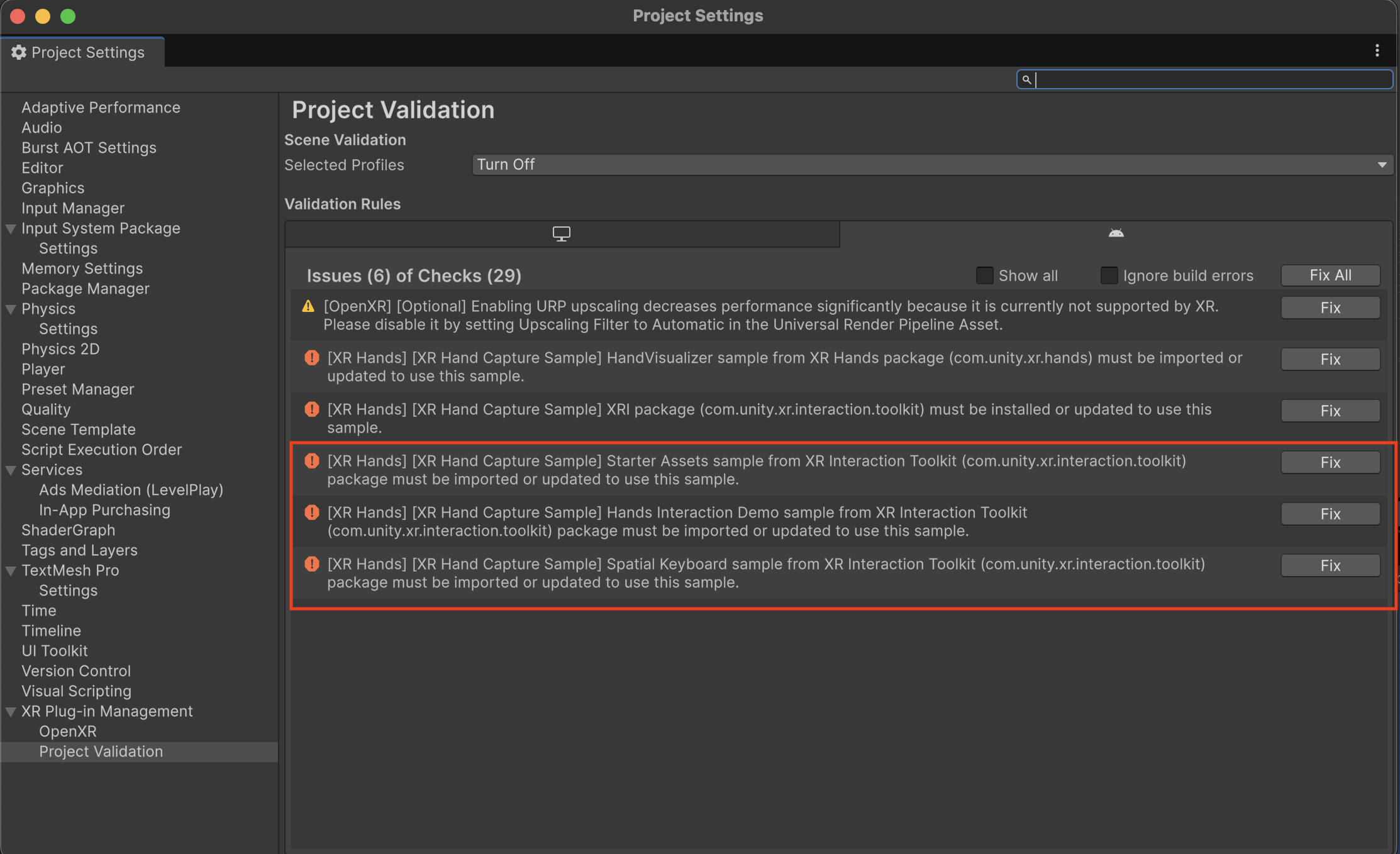 Project Validation XRI samples missing error