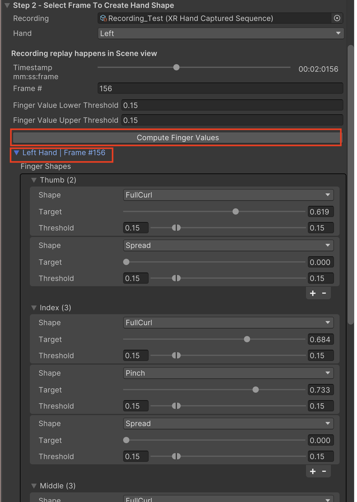 XR Hand Capture window - Finger shape details