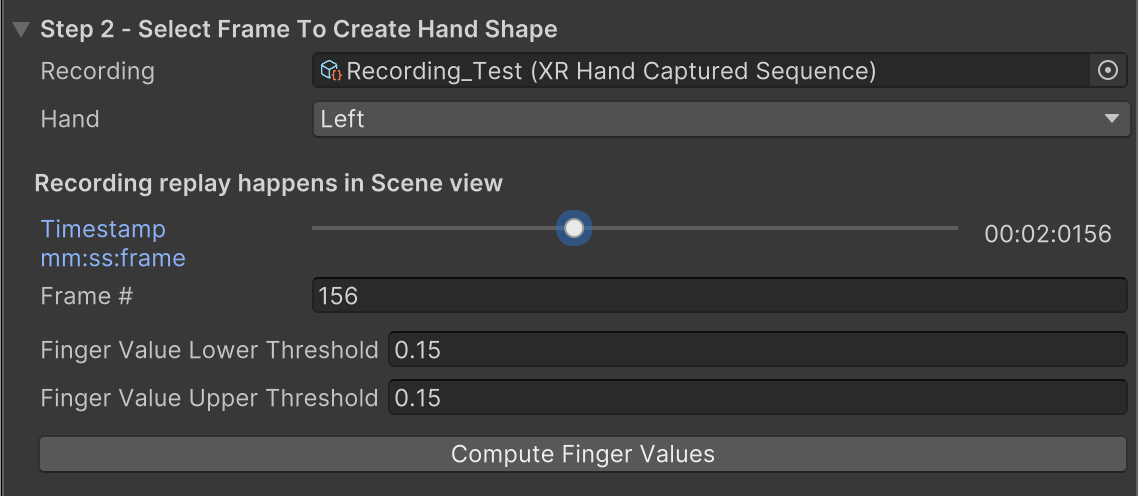 XR Hand Capture window - Select Frame section