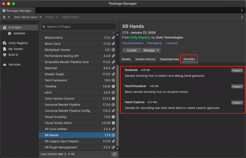 Import the XR Hands samples