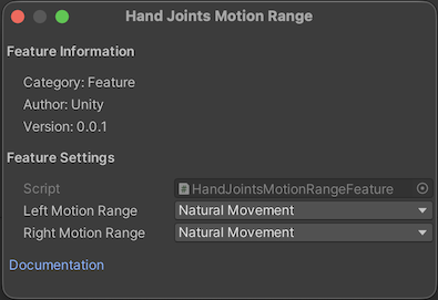 Hand Joints Motion Range feature settings