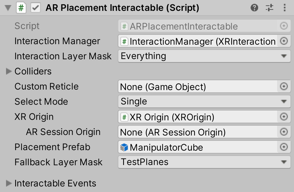 ARPlacementInteractable component