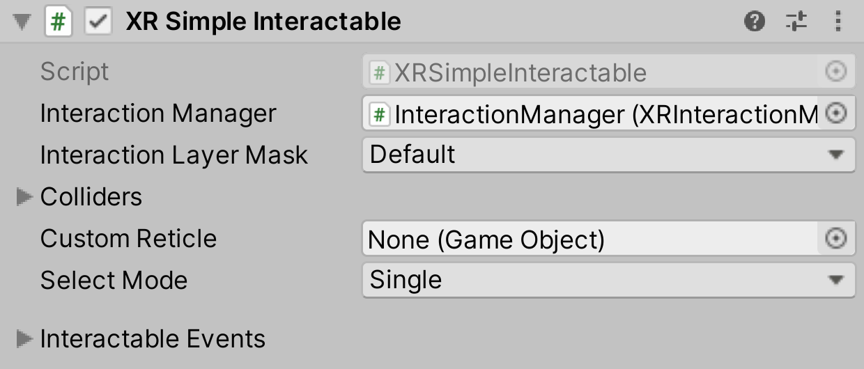 XRSimpleInteractable component