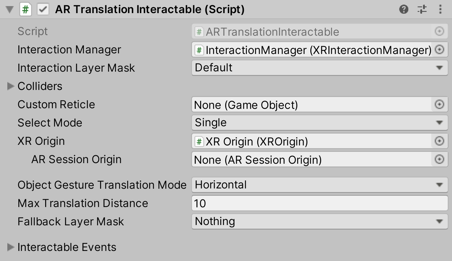 ARTranslationInteractable component