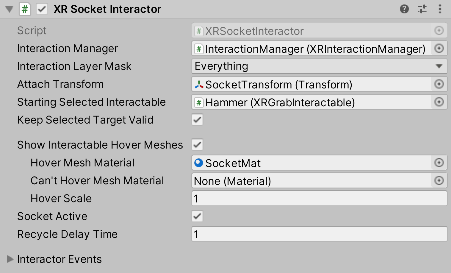 XRSocketInteractor component