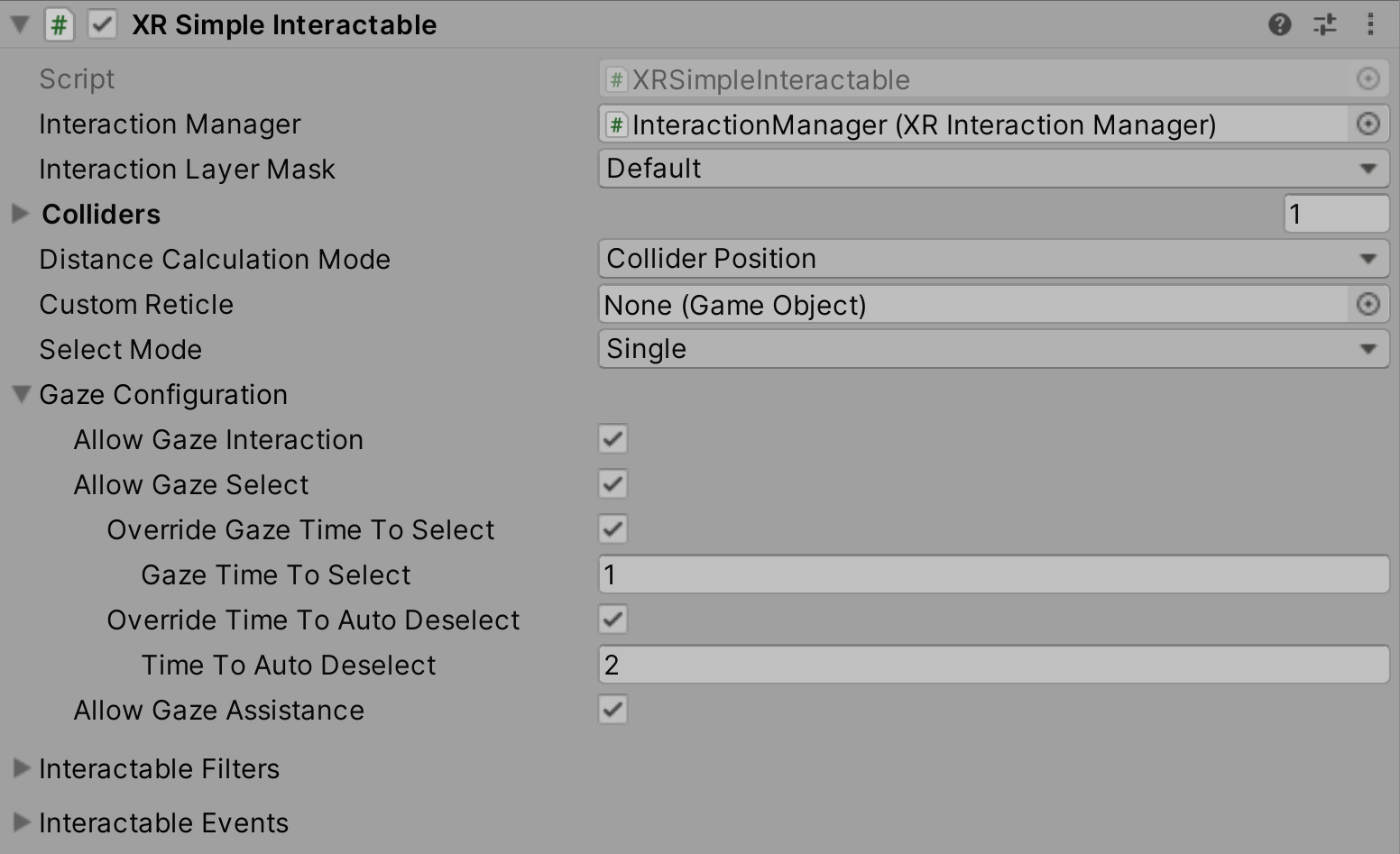 XRSimpleInteractable component