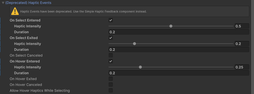 Haptic event options