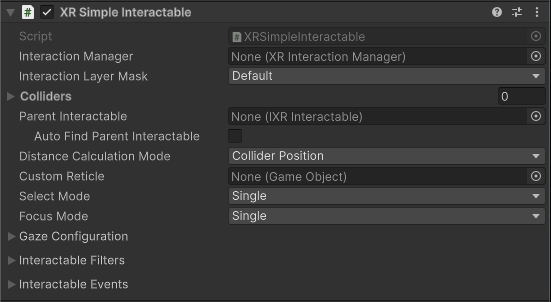 XRSimpleInteractable component