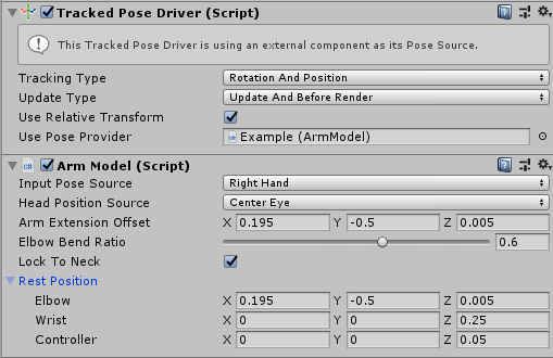 The Tracked Pose Driver component and the Arm Model component