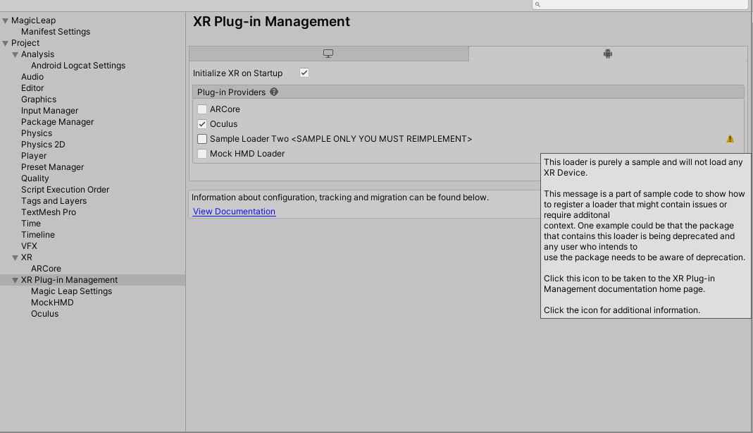 Example notification in the XR Plug-in Management windowI