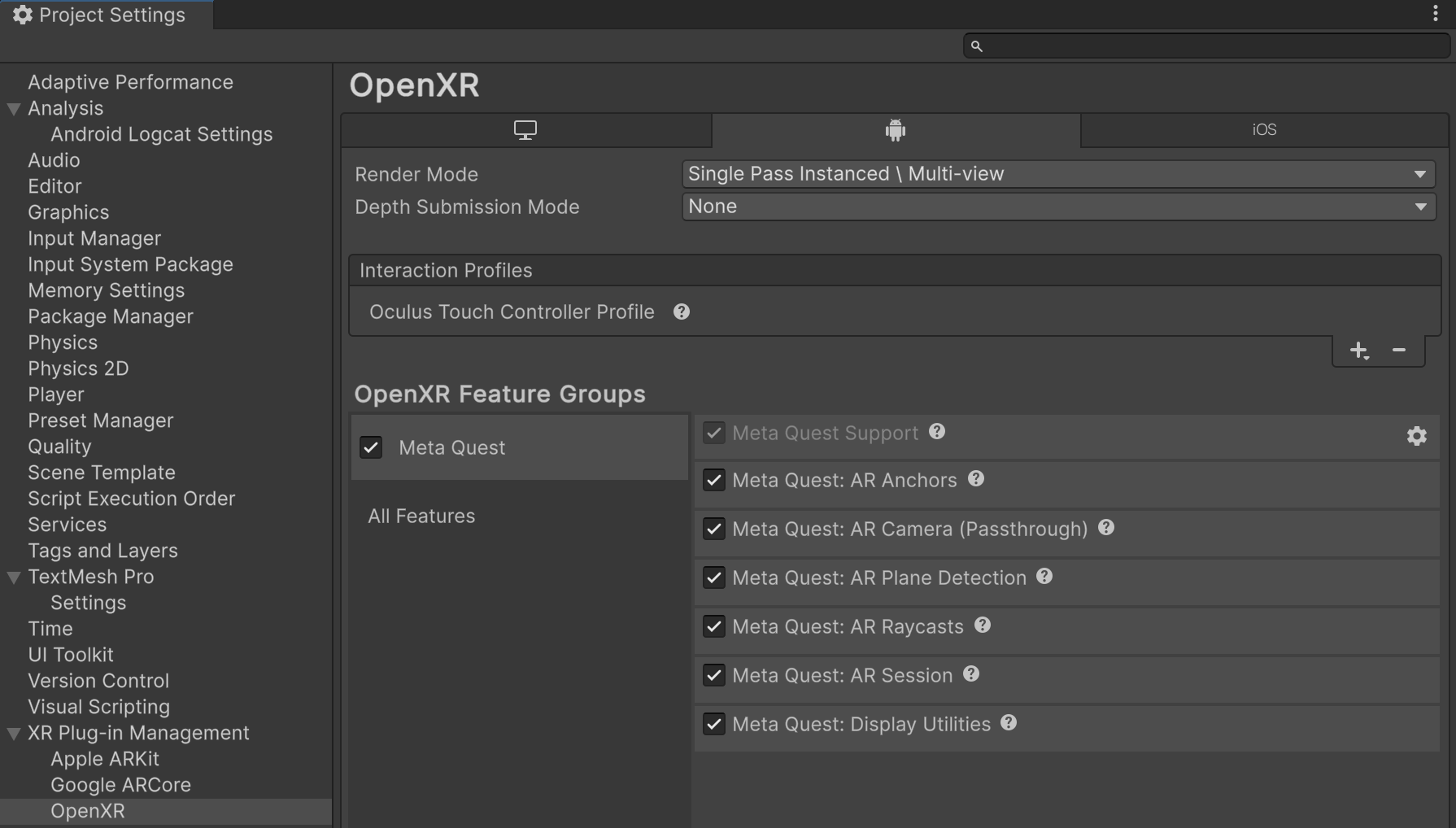 Unity's Project Settings window is open to XR Plug-in Management > OpenXR, showing a list of enabled features in the Meta Quest feature group