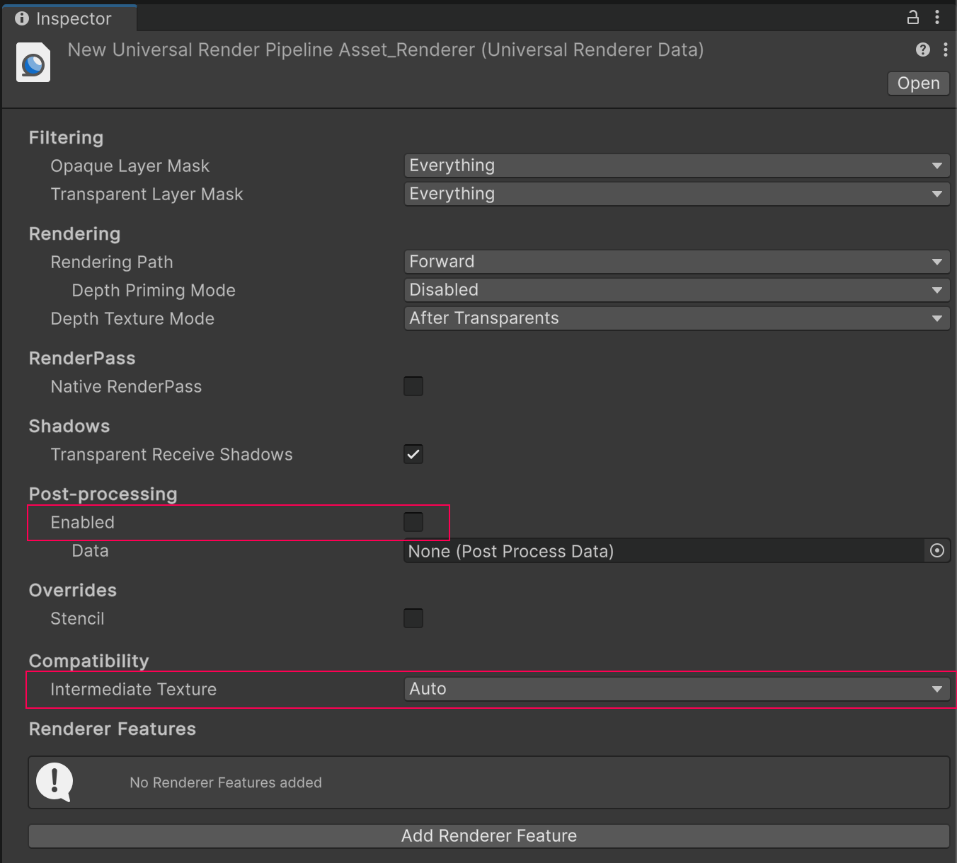 Universal Renderer Data settings