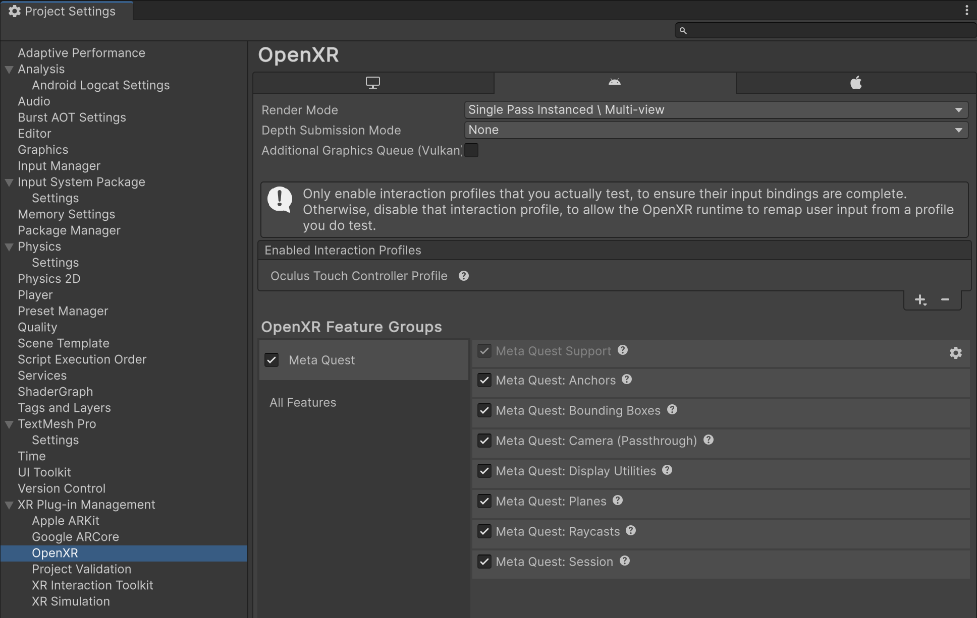 Unity's Project Settings window is open to XR Plug-in Management > OpenXR, showing a list of enabled features in the Meta Quest feature group