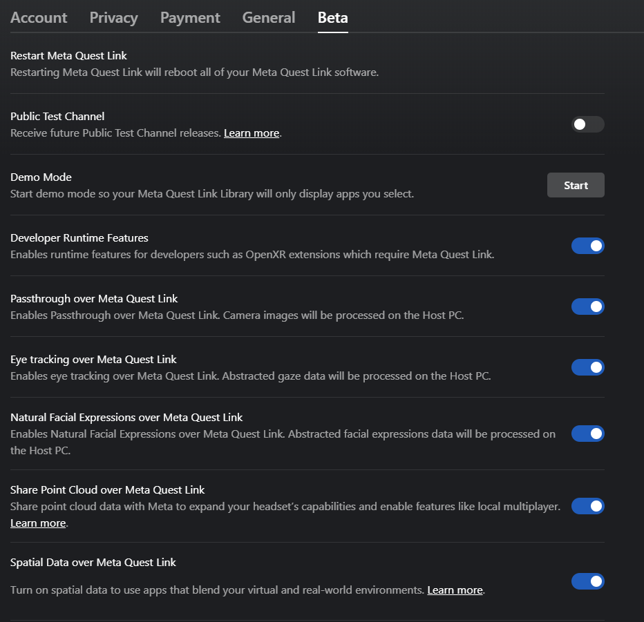 Meta Quest Link desktop app is open to Settings, showing beta settings with experimental features enabled