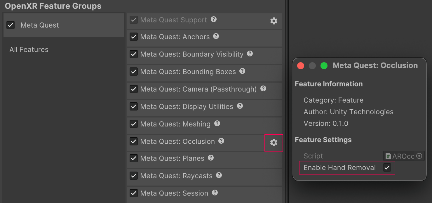 Meta Quest Occlusion feature settings shown with Enable Hand Removal activated