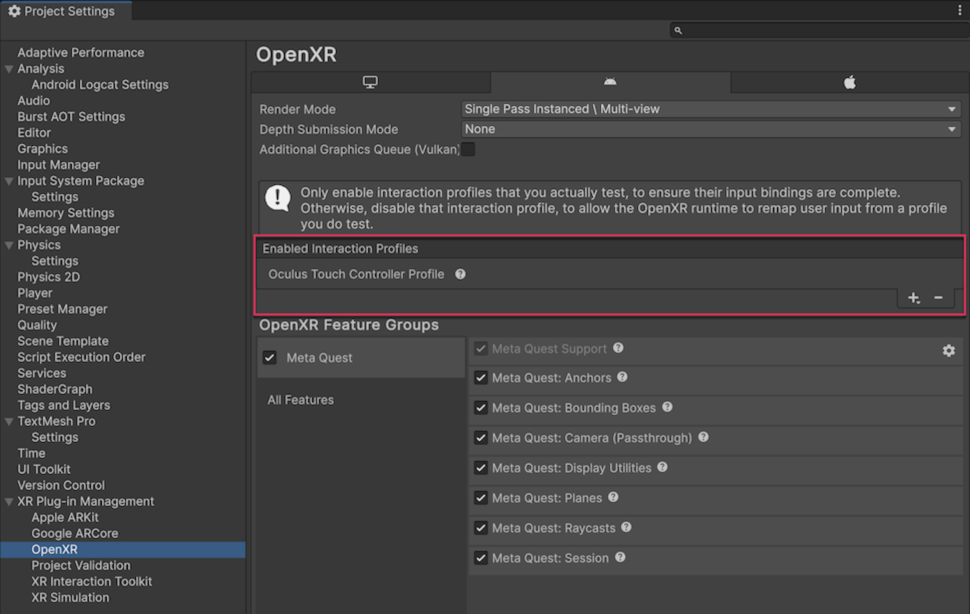 Unity's Project Settings window is open to XR Plug-in Management > OpenXR. The Enabled Controller Profile contains the Oculus Touch Controller Profile.