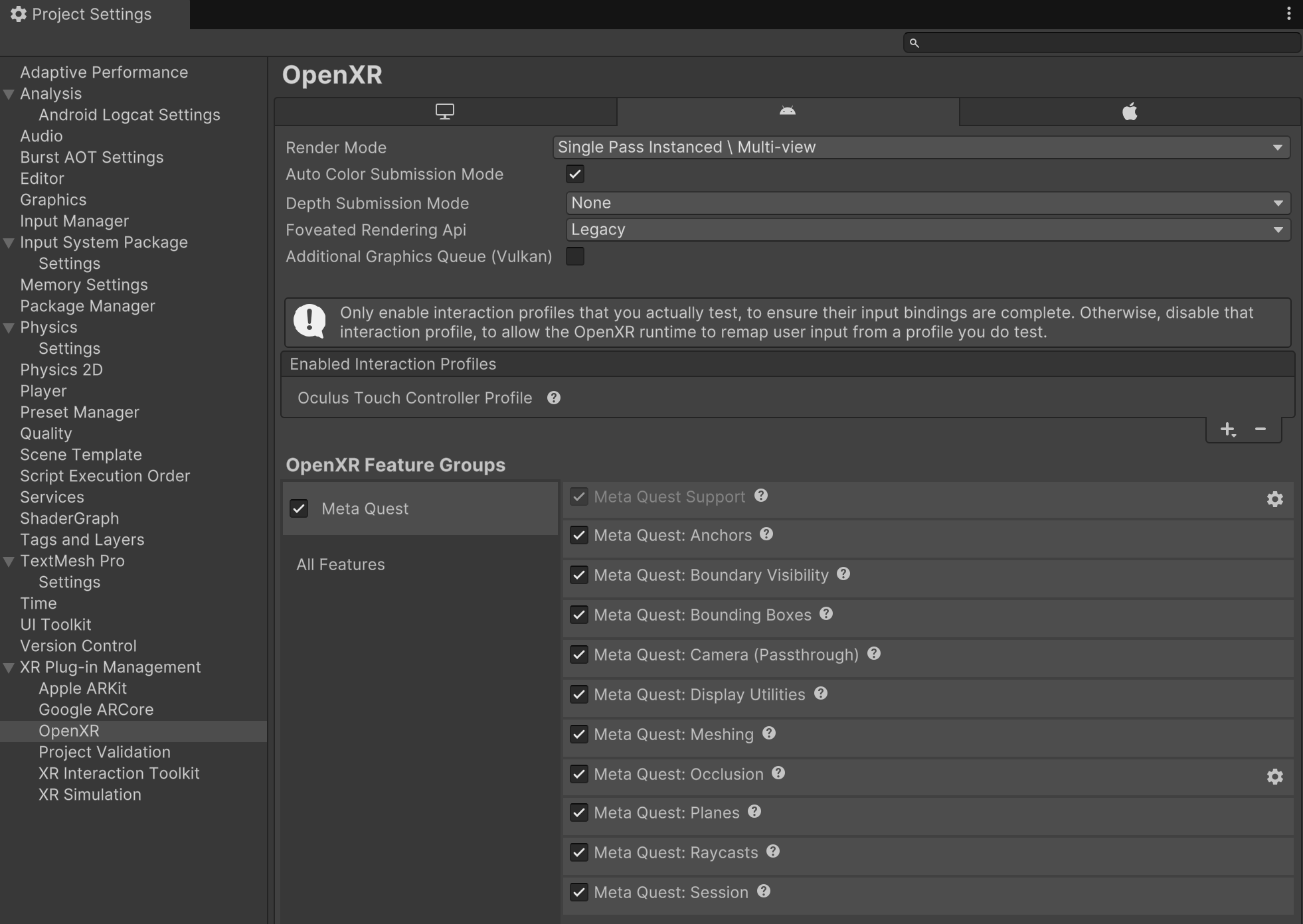 Unity's Project Settings window is open to XR Plug-in Management > OpenXR, showing a list of enabled features in the Meta Quest feature group