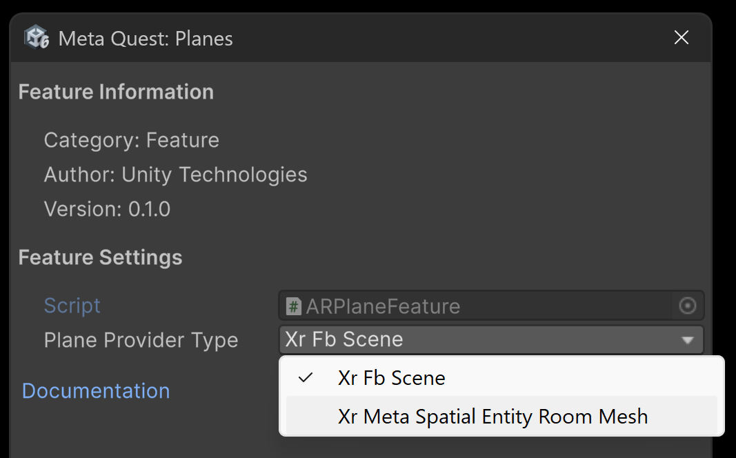 Plane Provider Type setting in the Unity Editor