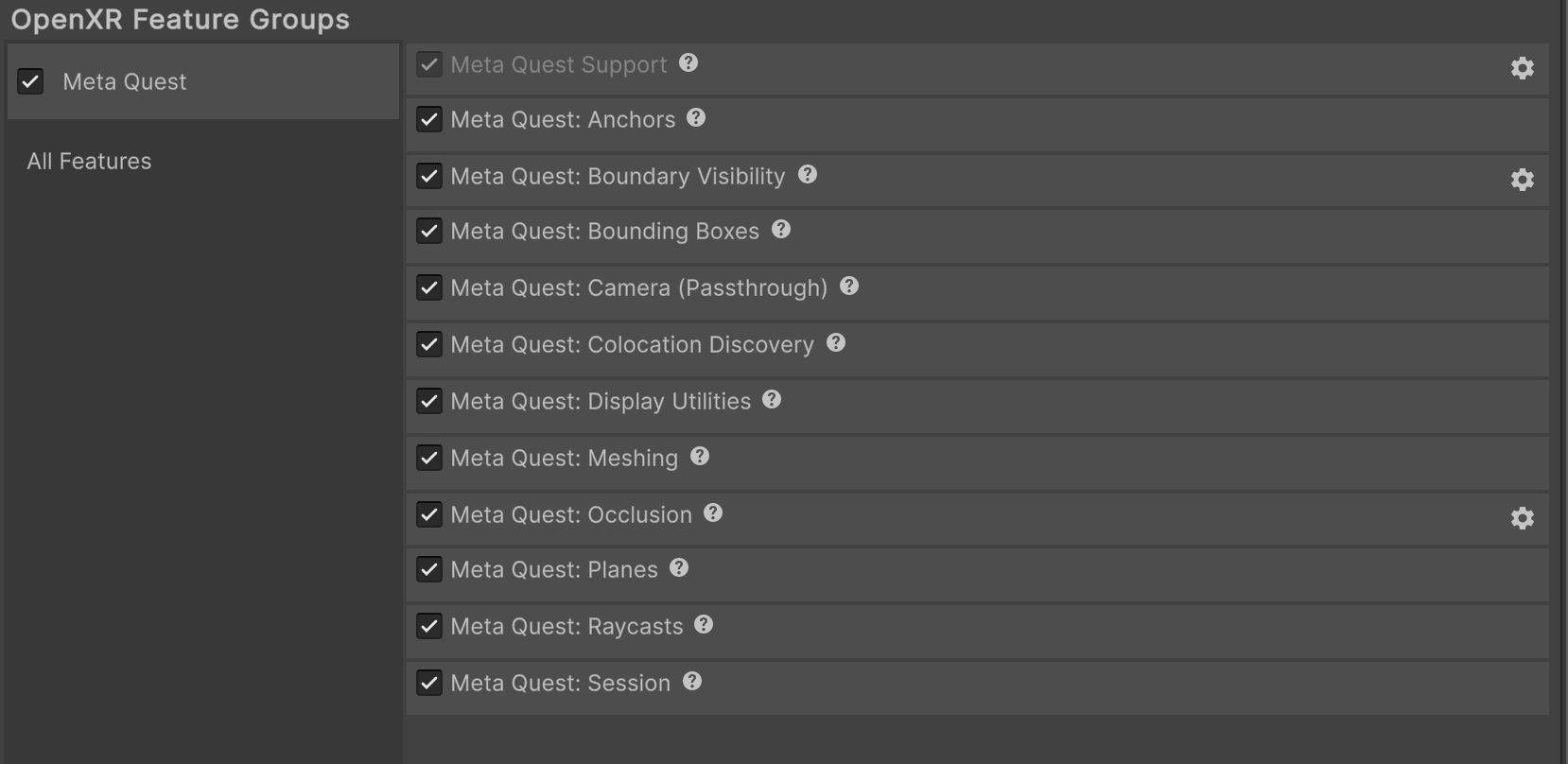 Meta Quest feature group in the Unity Editor